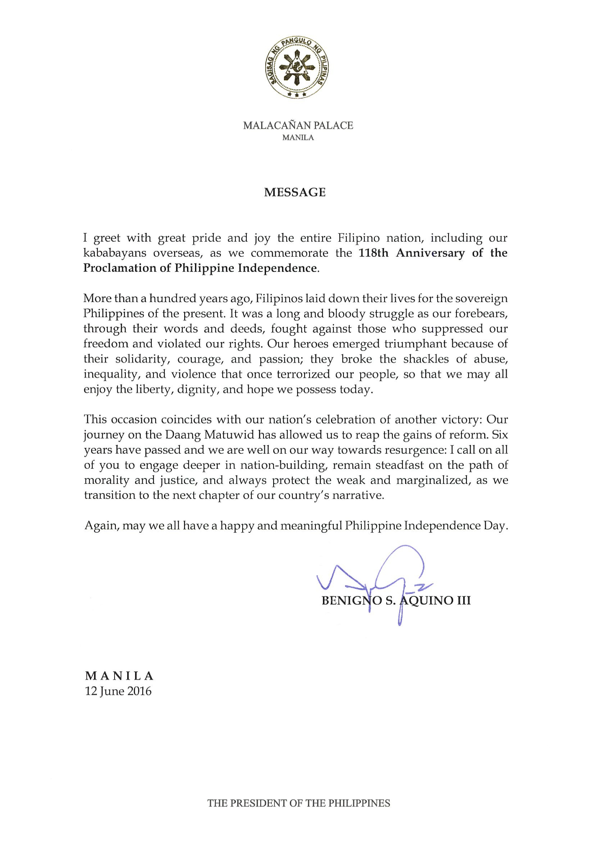 President 118th Anniversary of the Proclamation of Philippine Independence page 0