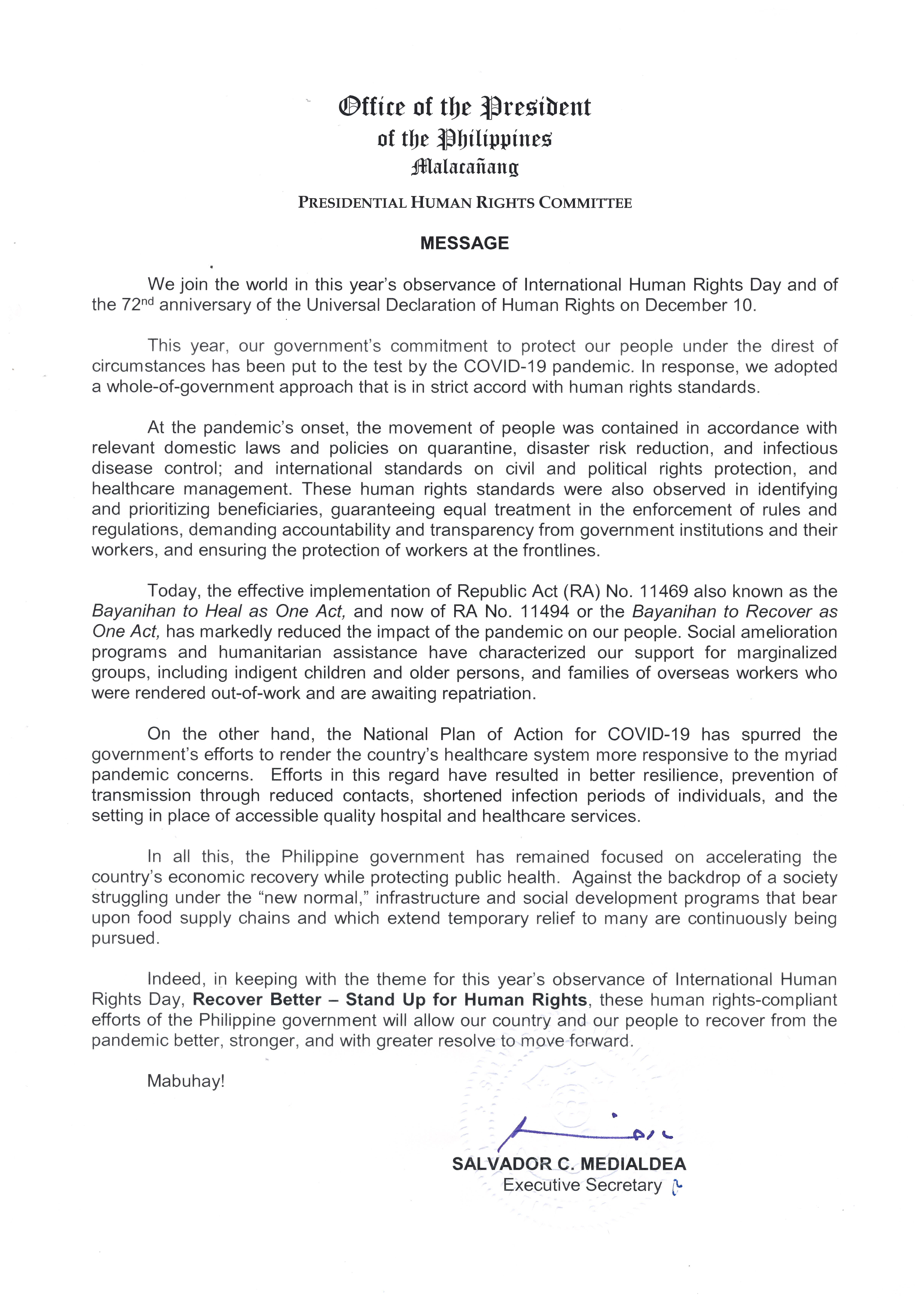 Message of the Executive Secretary in the Observance of International Human Rights Day