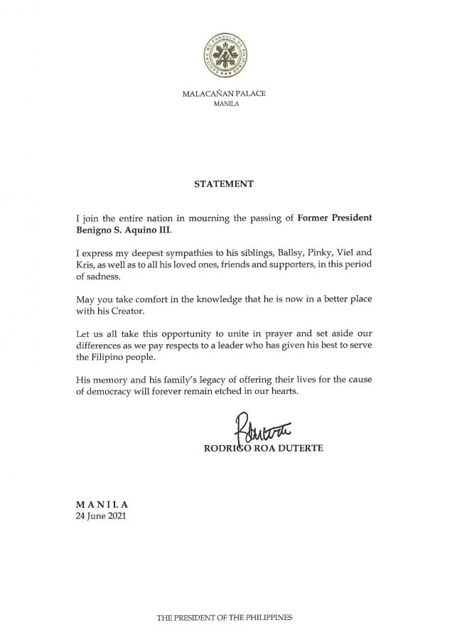 PRRD Statement on the passing of Former President Benigno S Aquino III 636x900