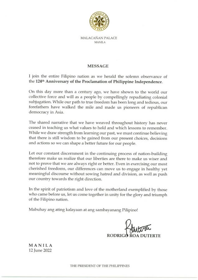 20220612 Message of President Rodrigo Roa Duterte for the 2022 Independence Day Celebration 636x900